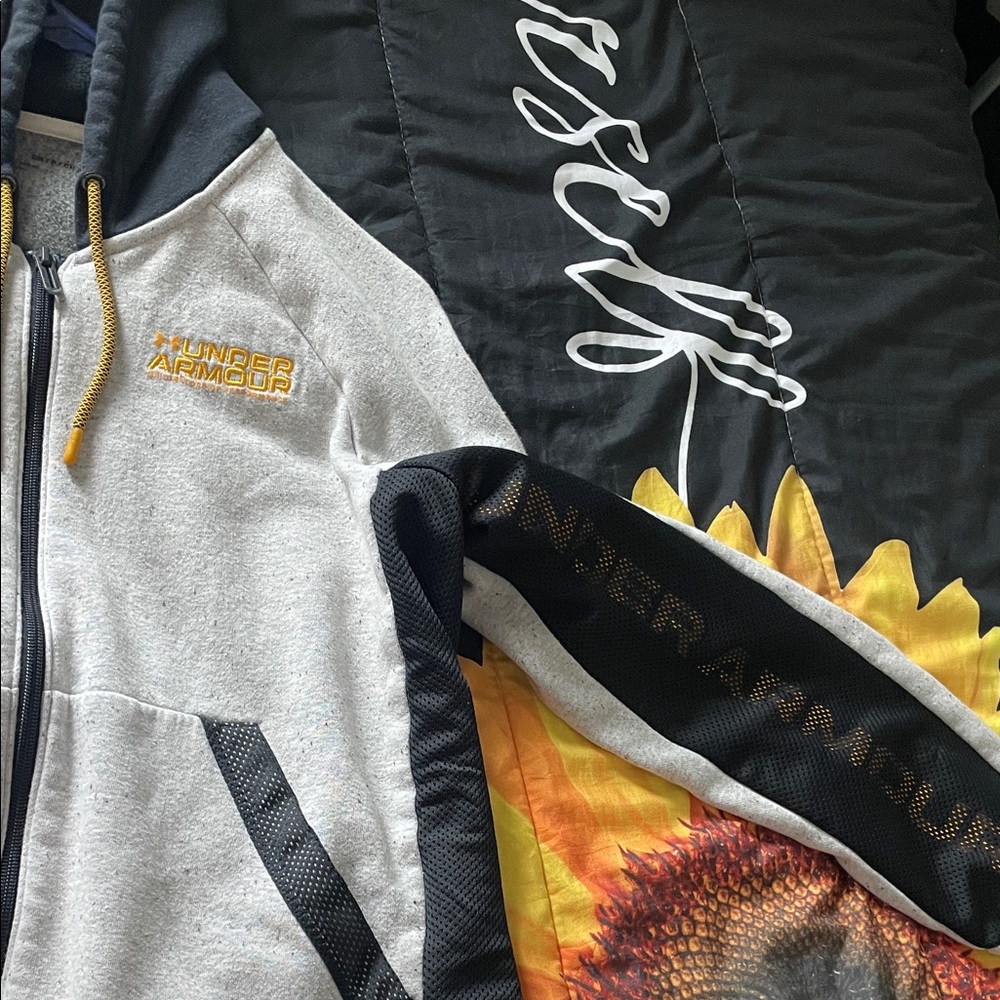 Under Armour Gray and Black Zip-Up Hoodie with Yellow Accents